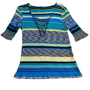 Cable & Gauge Top Womens M Blue Striped Lace Up V-Neck‎ Ribbed Knit Y2K
